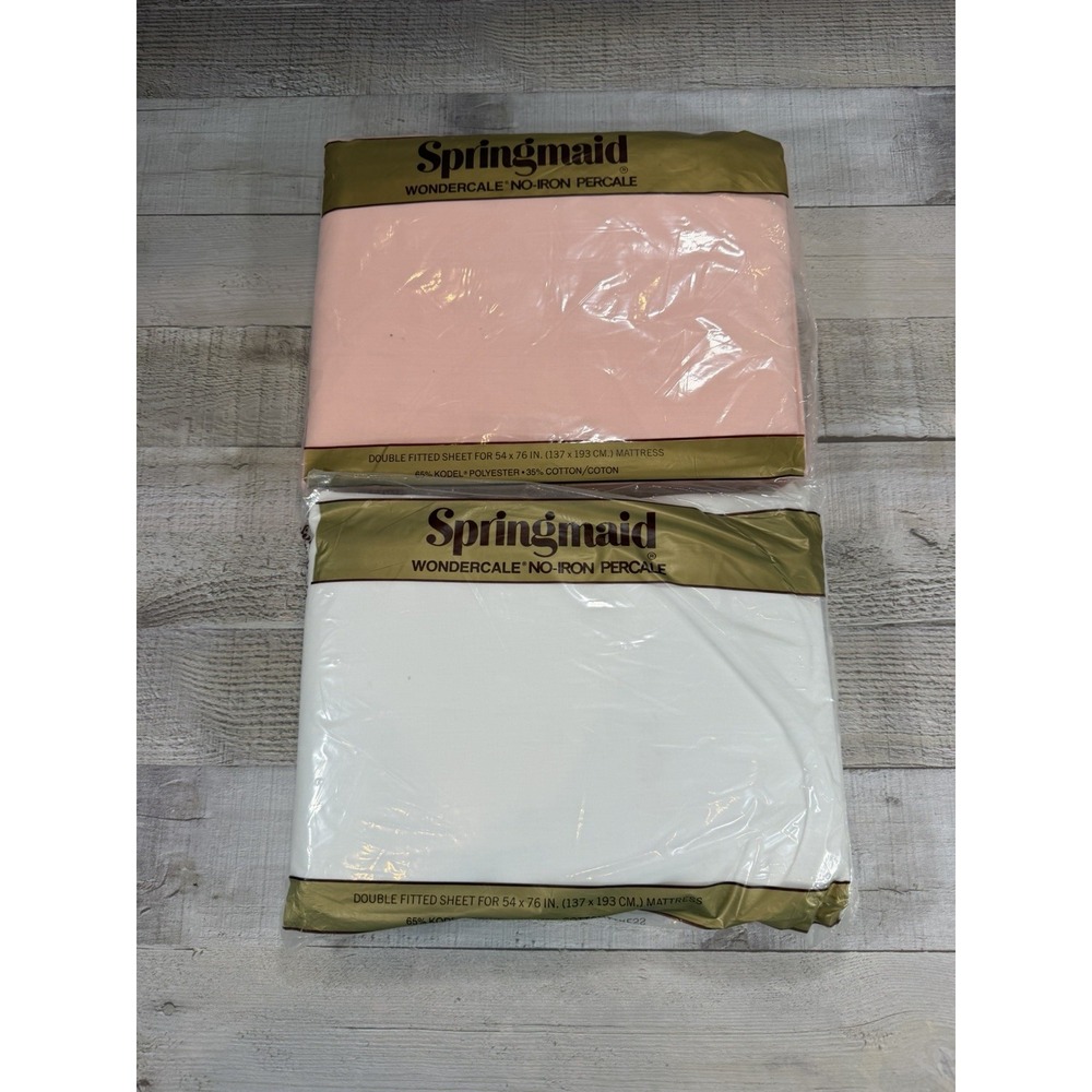 Vintage Springmaid Wondercale Double Fitted Sheets Lot 2 Pink White NOS Percale